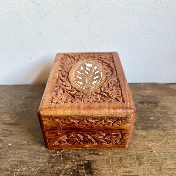 Vintage Carved Mango Wood Decorative Box with Inlay | Rustic Accent Decor - Picture 4 of 7